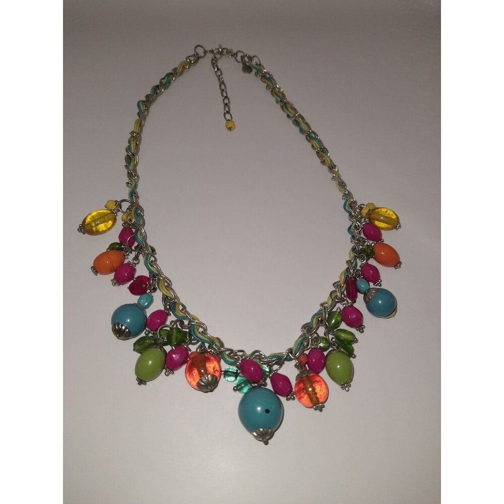Colorful Beaded Statement Necklace Mixed Charm Drop Multicolor Braided - Picture 2 of 5